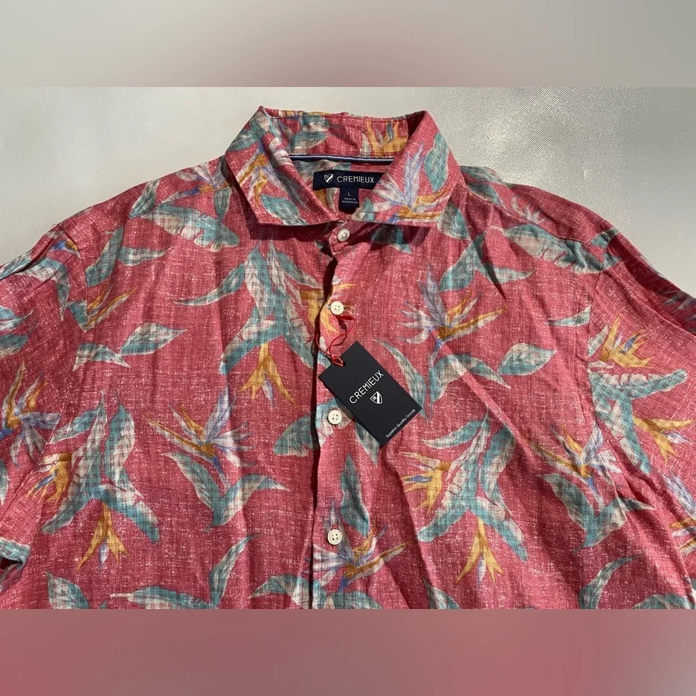NEW- Size L Mens Cremieux Long Sleeve Button Down Shirt Linen Pink Floral
